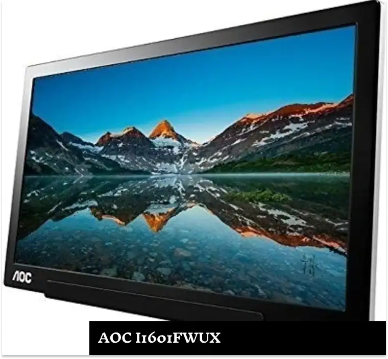 AOC 1160iFWUX computer monitor showcasing vibrant mountain landscape with clear reflection in water, ideal for high-resolution visual display and gaming.