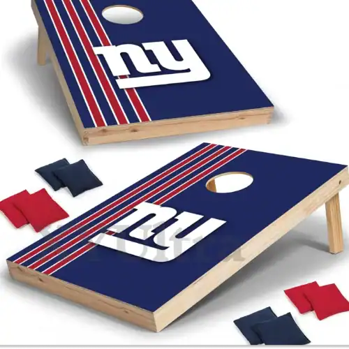NY Giants-themed custom cornhole game set with team colors and logo, perfect for outdoor sports fan entertainment. High-quality wood surface with vibrant team branding.