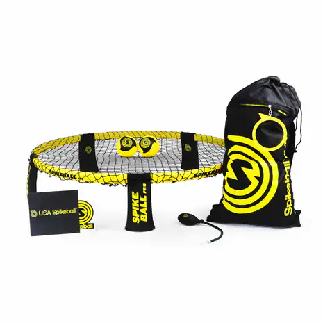 Lightweight yellow and black Spikeball set with net, ball, and carrying bag for outdoor fun and physical activity. Perfect for beach, park, backyard, or recreational gatherings.