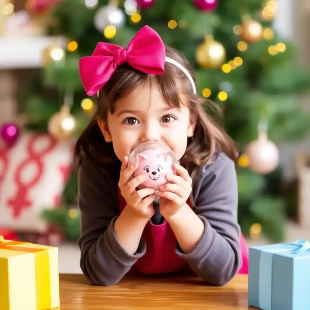 Cute girl with a pink bow holding a unicorn-themed cup, Christmas tree in background, celebrating holiday cheer, joyful moments, and festive atmosphere at XYUltra.