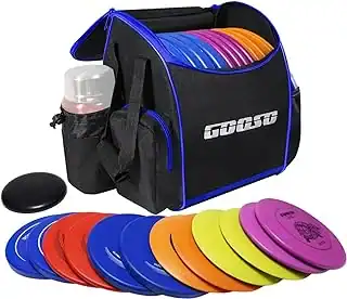 Colorful disc golf discs with carrying bag, ideal for outdoor gameplay and sports enthusiasts.