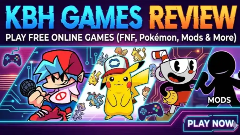 1. Colorful gaming characters including Pikachu, Cuphead, and pixel art style on an online gaming platform promoting free online games and mods.