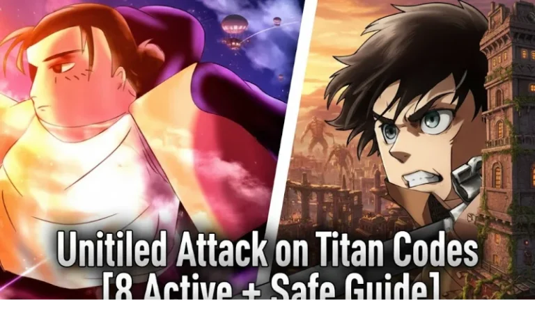 1. Anime-style characters from attack on titan and a girl with a cityscape background, promoting Titan codes, active tips, and safe guides for gaming.