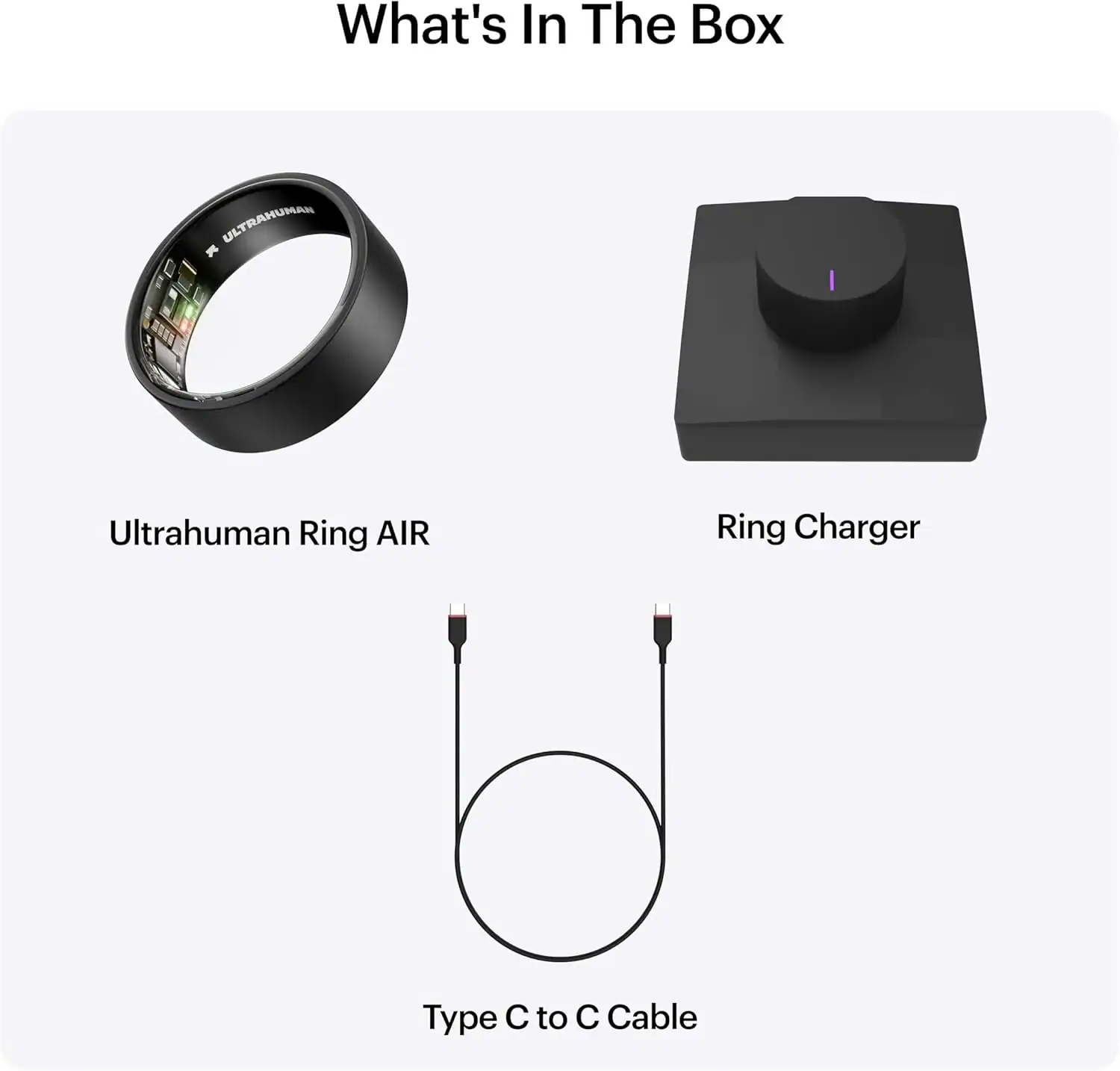 Ultrahuman Ring AIR fitness tracker with sleek design and advanced health monitoring features, compatible with the Type C to C cable and ring charger for easy charging.