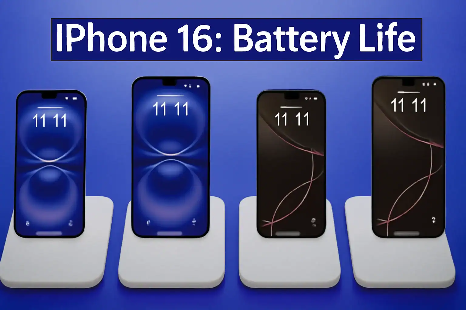 Battery life comparison of iPhone 16 models showing different screen on times and battery performance.
