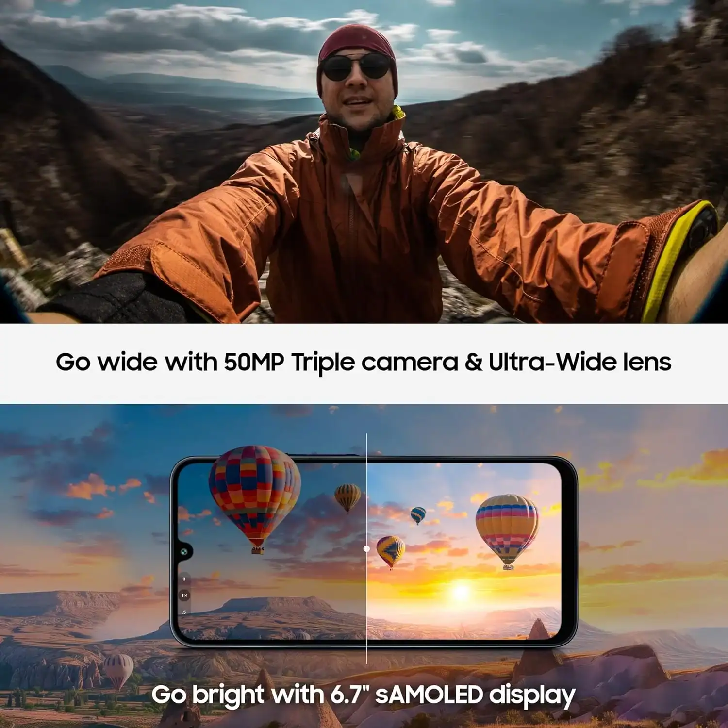 50MP triple camera smartphone with ultra-wide lens and 6.7-inch SAMOLED display, perfect for capturing wide landscapes and vibrant visuals.
