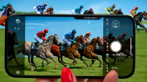 Vibrant horse race captured on a smartphone during a sporting event, showcasing dynamic action and colorful jockey uniforms. The scene emphasizes mobile photography and outdoor sports coverage.