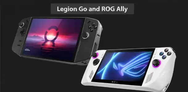 Portable gaming consoles featuring Legion Go and ROG Ally, ideal for gaming enthusiasts seeking high-performance handheld devices.