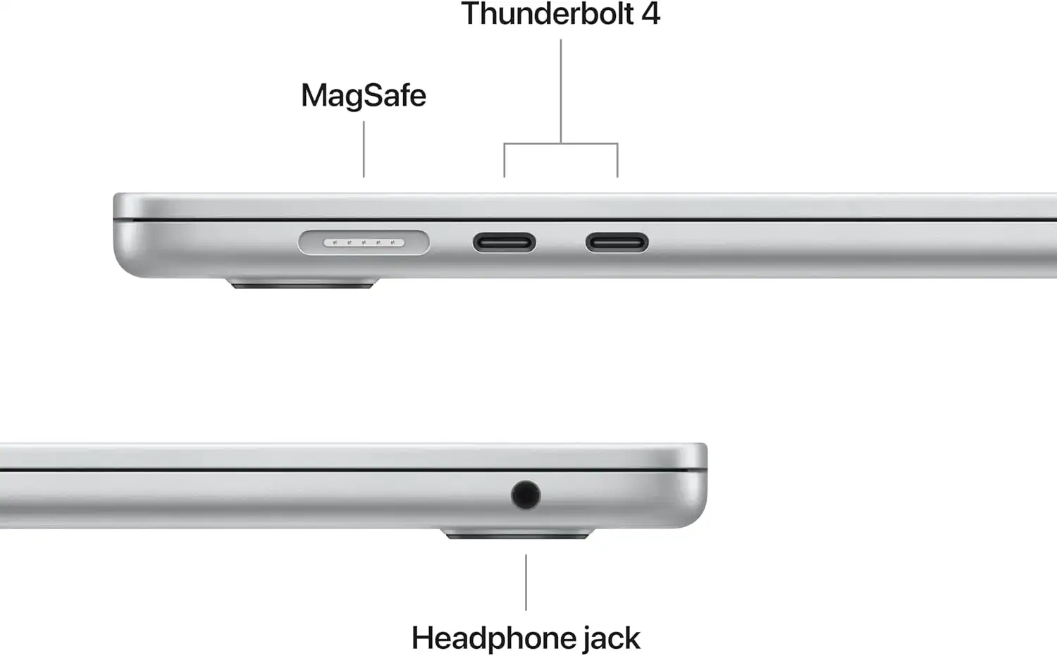 High-resolution image of a silver MacBook laptop highlighting Thunderbolt 4 ports, MagSafe charging connector, and headphone jack, showcasing modern, sleek design and connectivity features.