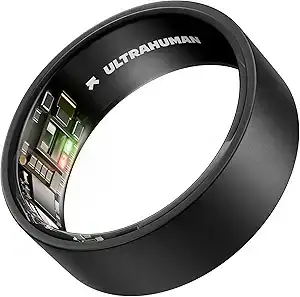 Futuristic ring-shaped device with digital interface, innovative health tracking features, and sleek black design, ideal for wearable wellness technology.