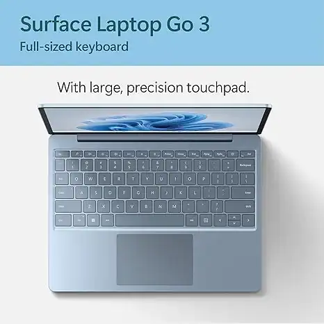 Compact Surface Laptop Go 3 with large, full-sized keyboard and high-precision touchpad, perfect for portable productivity and seamless connectivity.