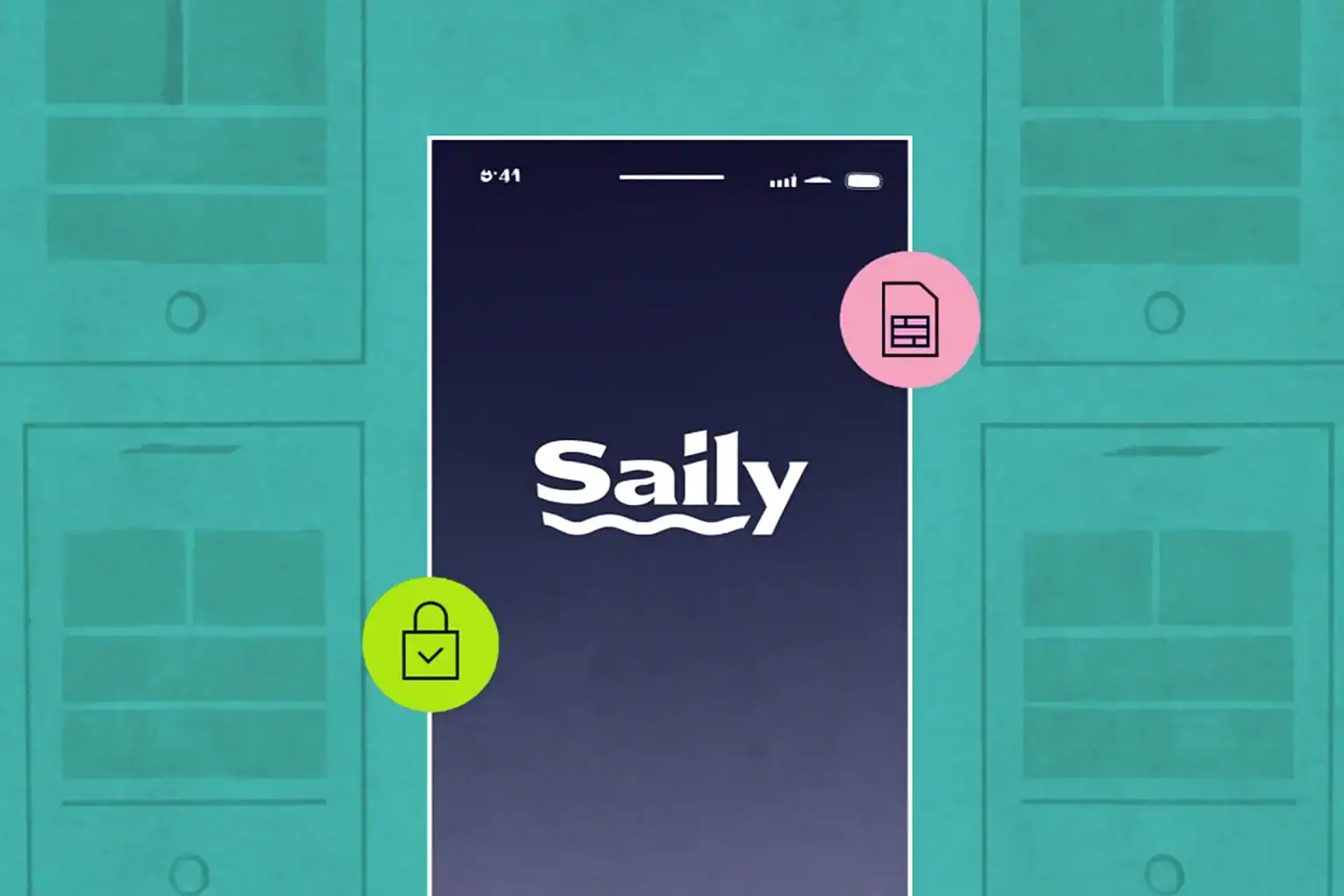 Sally app login screen on mobile device with digital icons for security and file management for digital health and wellness tracking.