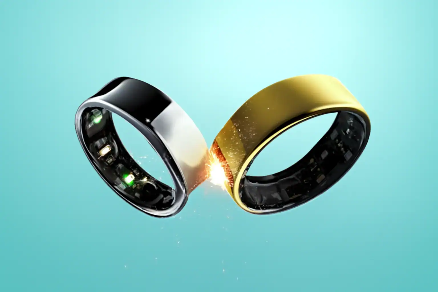 Shiny black and gold wedding bands colliding, causing sparks, symbolizing union and strength, isolated on a turquoise background, emphasizing high-quality wedding jewelry by XYUltra.