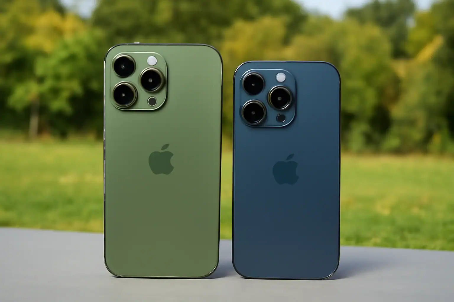 Premium green and blue iPhone 14 Pro models with triple-camera systems, sleek design, and advanced features, showcased outdoors with a blurred natural background.