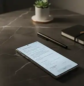 Smartphone with email or document on screen on a dark desk, next to a black pen and a closed notebook, with a potted plant in the background.