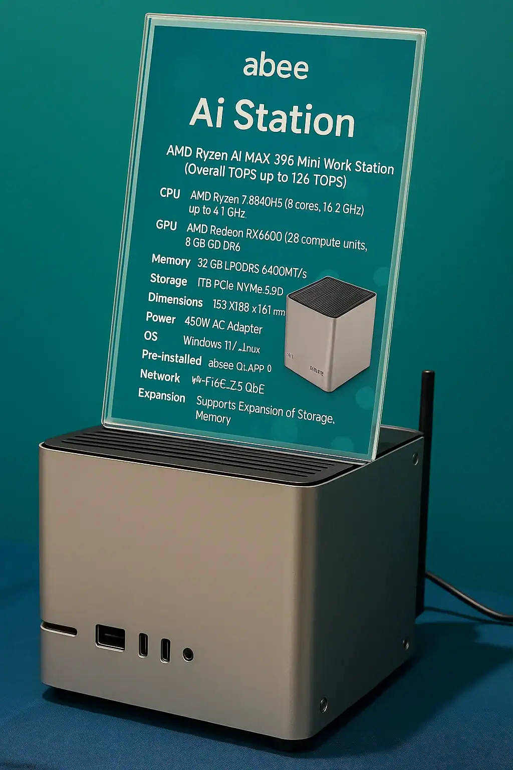 AI-powered mini work station with AMD Ryzen processor and advanced GPU. Ideal for high-performance AI tasks, supported by expandable storage and memory, running Windows 11/Linux.