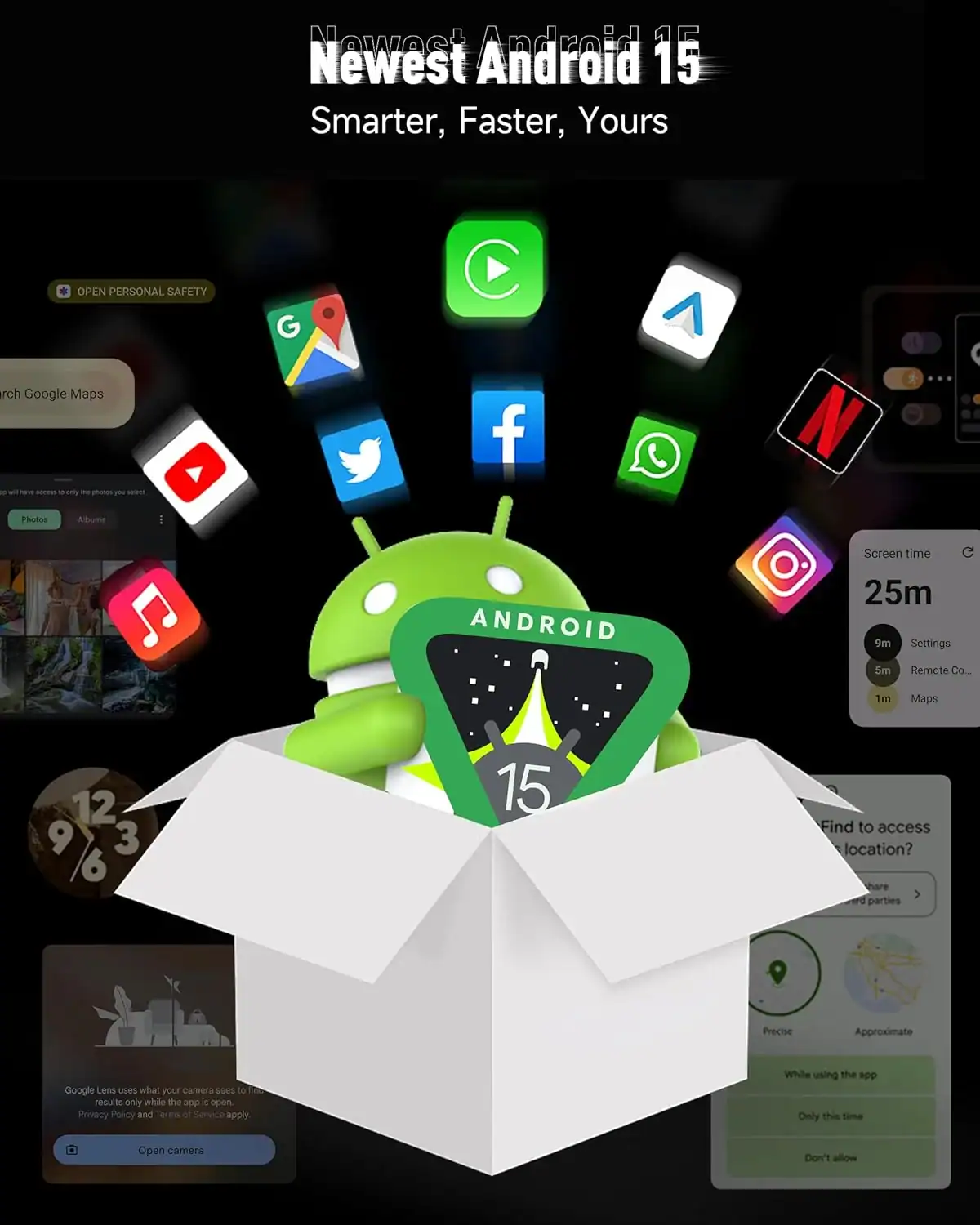 Android 15 logo and mascot emerging from a white box surrounded by icons of popular apps like Google Maps, Facebook, YouTube, Instagram, and Netflix, highlighting the newest Android update features.