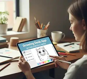 Creative woman using tablet with drawing desk app for kids, digital art, doodling, and illustration. Perfect for art hobbies, children’s creative activities, and learning to draw.