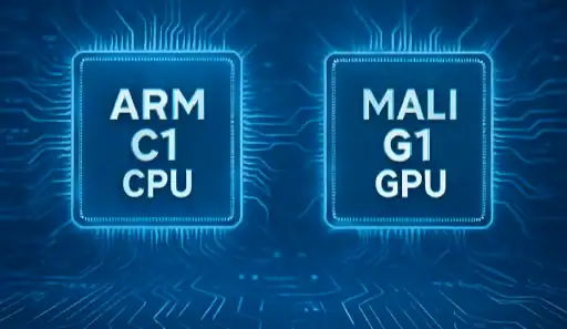 Arm C1 CPU and Mali G1 GPU chips representing advanced technology in semiconductor manufacturing and high-performance computing.