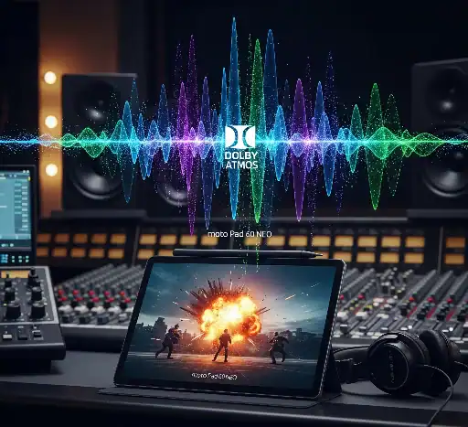 High-quality audio equipment setup featuring a studio mixing console, large speakers, headphones, and a tablet displaying a powerful explosion scene, emphasizing advanced sound technology and immersive audio experience.