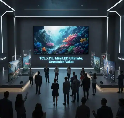 TCL X11L Mini LED TV display at tech exhibition, showcasing vivid underwater coral reef imagery for high-quality picture clarity.