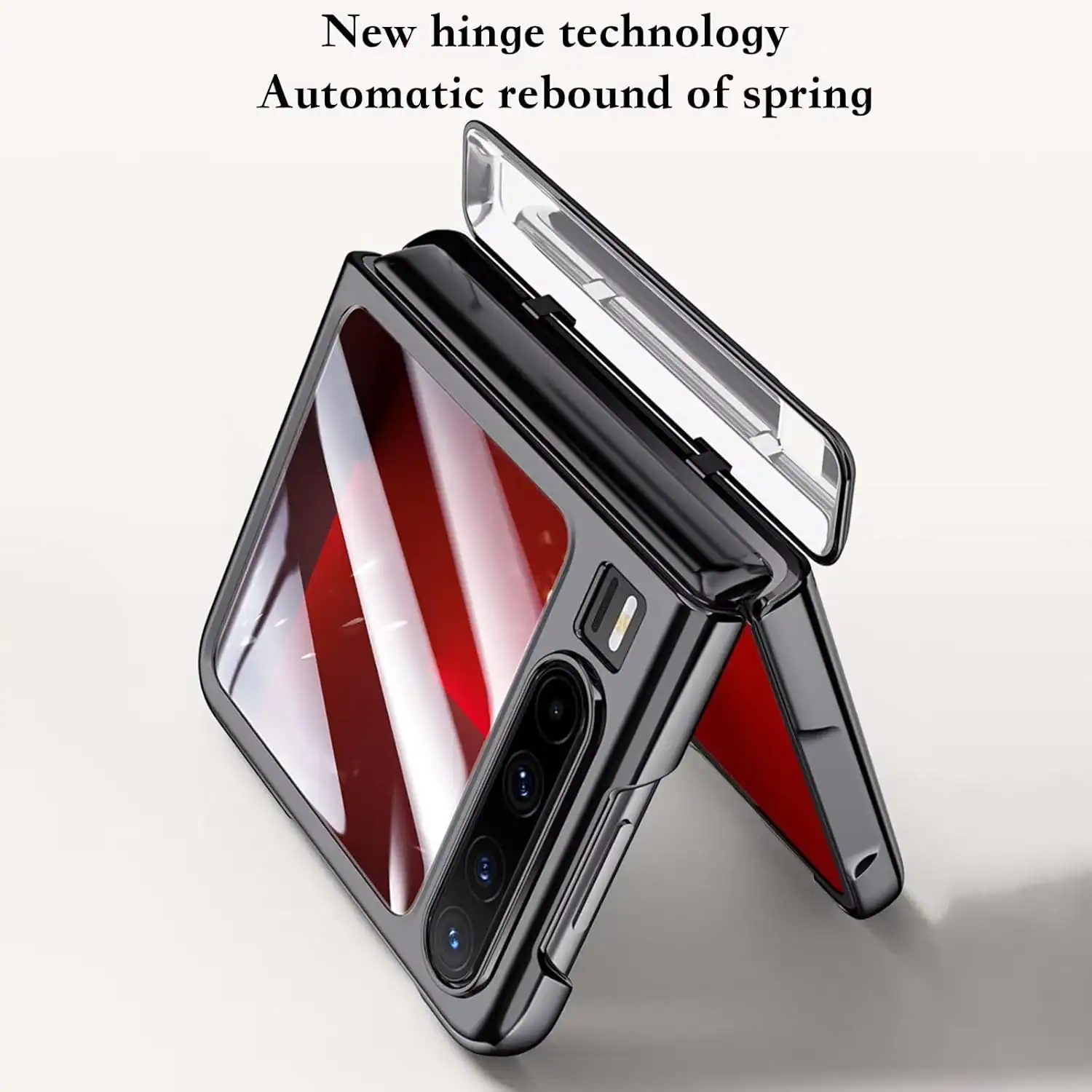 Futuristic foldable smartphone featuring advanced hinge technology with automatic rebound of spring, sleek design, multiple camera lenses, and a reflective display. Perfect for tech enthusiasts and innovation lovers.