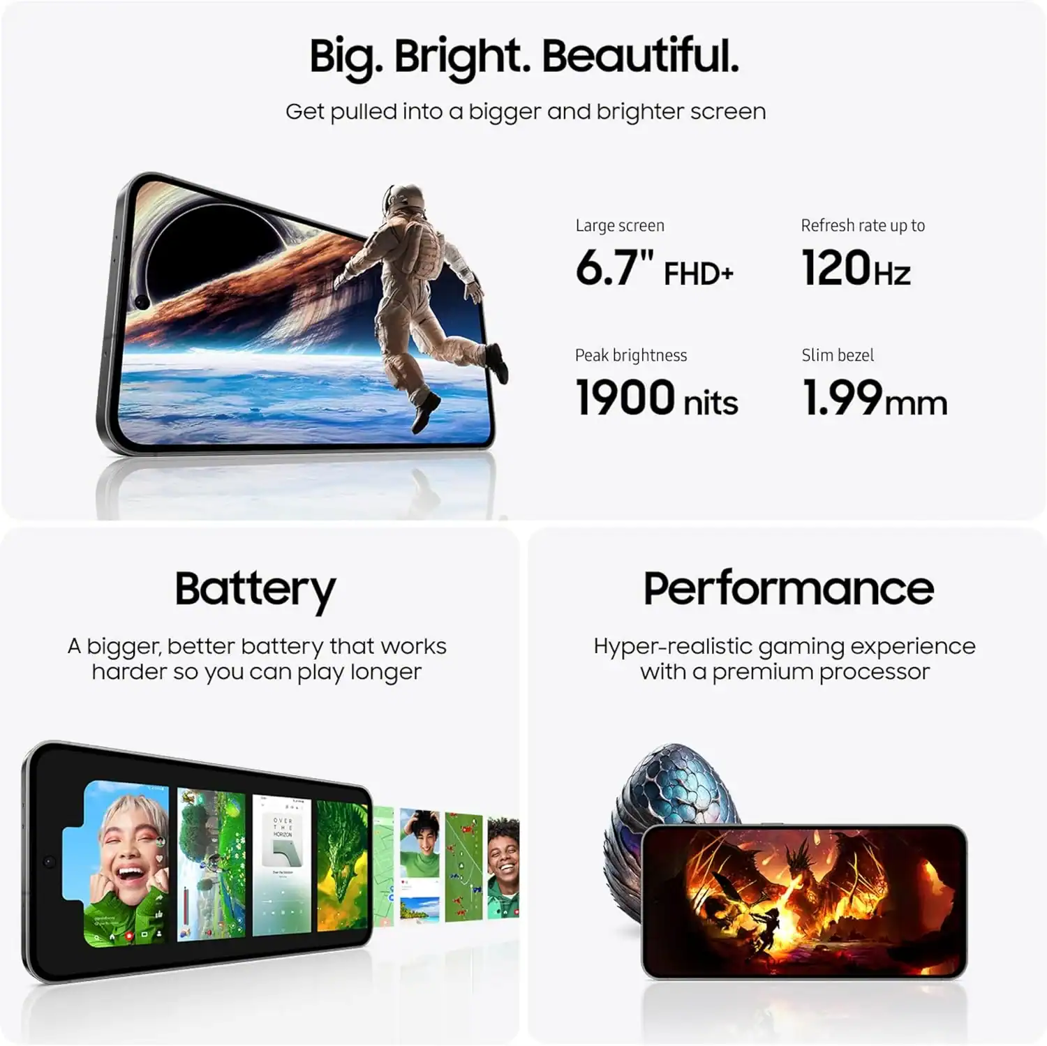 Stunning 6.7-inch FHD+ smartphone display with 120Hz refresh rate, 1900 nits brightness, and slim 1.99mm bezel enhancing visual experience.