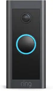 Ring video doorbell with black finish, enhanced security device, smart home security camera for modern surveillance.