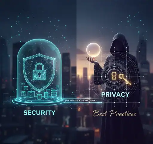 Encrypted digital security shield with lock icon representing secure access and privacy protection against cyber threats.