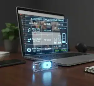 HD USB flash drive with digital display showing YouTube video download storage planning and data sizes, placed on a desk with a laptop.