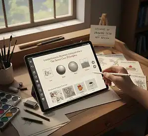 Traditional digital art tablet displaying drawing tutorials on core principles, surrounded by sketchbooks, pencils, and paints on a wooden desk.