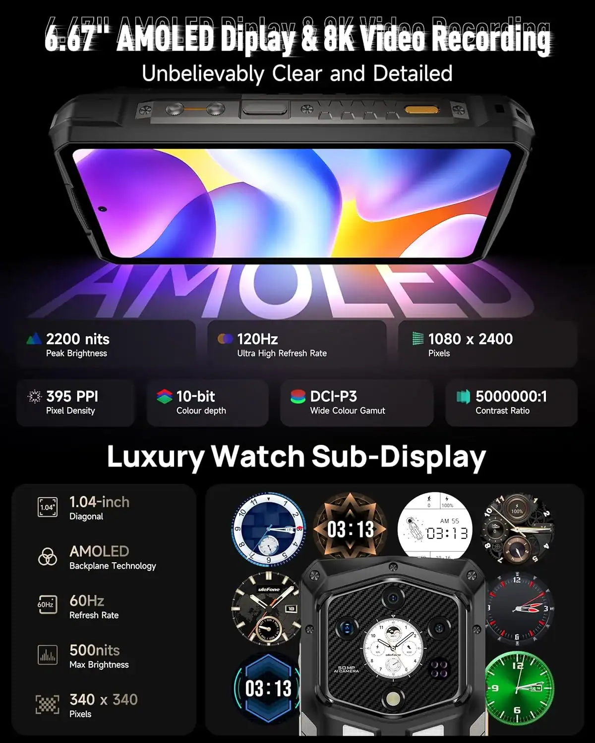 6.67-inch AMOLED display with 8K video recording, high brightness, 120Hz refresh rate, 1080x2400 pixel resolution, 395 PPI pixel density, 10-bit color depth, DCI-P3 wide color gamut, and 5,000,000:1 contrast ratio.