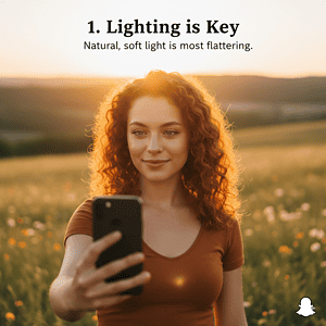 Nature scenery with young woman taking selfies, golden hour lighting, outdoor lifestyle photography, sunset, natural soft light, vibrant colors, stunning landscape, feminine portrait, sunlight glow, imagery for outdoor wellness and beauty.