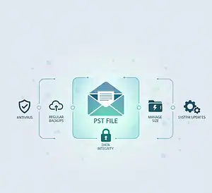 Email file with PST attachment representing data security and management in digital communication, surrounded by icons for antivirus, backups, data integrity, manage size, and system updates for optimal cybersecurity.