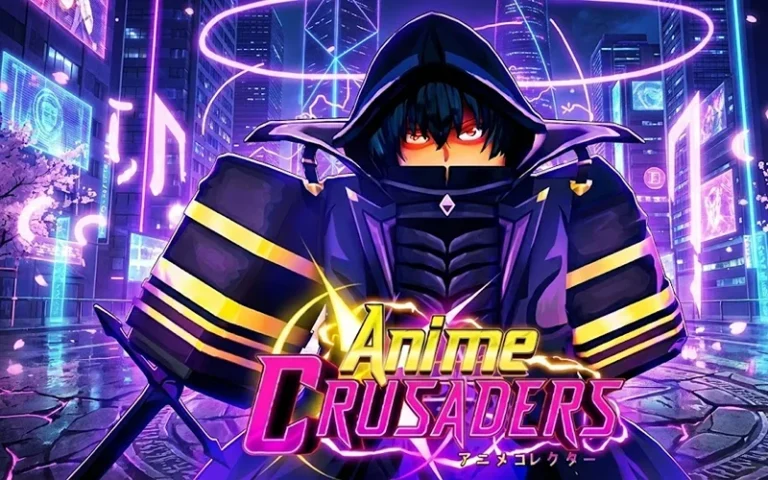 A fierce anime character dressed as a crusader in a futuristic neon city with glowing signs and vibrant purple and blue lights.