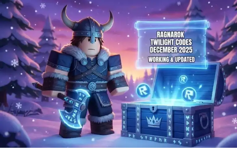 1. Viking character from Roblox game "Ragnarok Twilight Codes December 2025" with glowing loot chest in snowy forest scene.