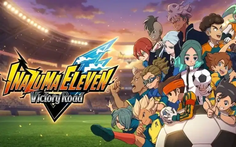1. Colorful animated characters from Inazuma Eleven Victory Road soccer game on a stadium field at sunset.