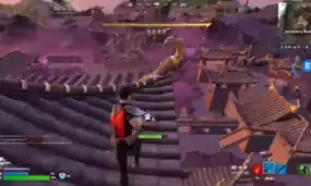 An Intense Fortnite Gameplay Scene Featuring A Player Navigating Rooftops Amidst Purple Storm Effects And Traditional Asian Architecture.