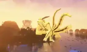 An enormous pixelated dragon from the game Minecraft soaring over water at sunset, with a village skyline in the background.