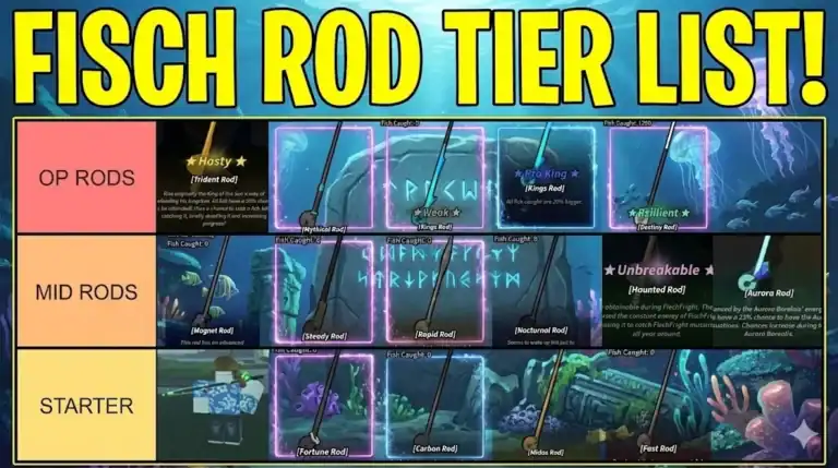 OP RODS, MID RODS, STARTER, fishing rods tier list for optimal fishing performance, featuring XYUltra. Discover the best rods for different fishing scenarios, including OP, mythic, and legendary options for anglers.