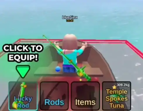 A colorful fishing game scene with a character fishing from a boat, showcasing various fish options and equipment, emphasizing fun fishing gameplay and in-game items.