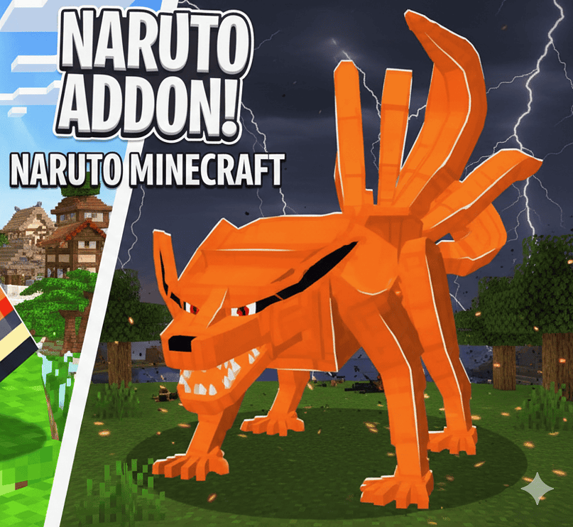 1. Minecraft Naruto addon featuring blocky characters and creatures, including Naruto and Nine-Tails Fox, designed for enhanced gaming experience in the popular sandbox game.
