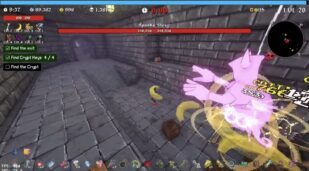 Dark fantasy pixel art game scene with a glowing unicorn boss, treasure chest, and in-game objectives for collecting crypt keys and finding the crypt, set in a dungeon environment.