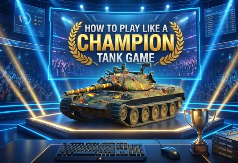 1. Modern gaming setup showcases a tank from XYUltra's guide on playing like a champion in tank games, with vibrant stage lighting and a competitive arena atmosphere.