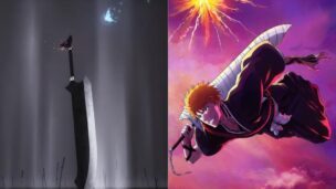 Heavenly sword with a glowing butterfly on a dark background, digital art, fantasy sword, anime character with katana in action, vibrant colors, modern anime style, dynamic scene, XYUltra.