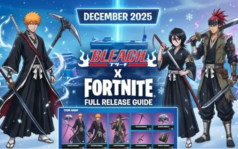 1. Bleach x Fortnite December 2025 collaboration promotional image featuring anime characters and game elements.