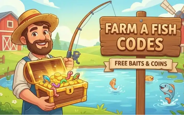 1. Bright cartoon farmer with a fishing rod and a treasure chest of coins and worms by a pond in a farm setting, promoting farm fish codes and in-game rewards.