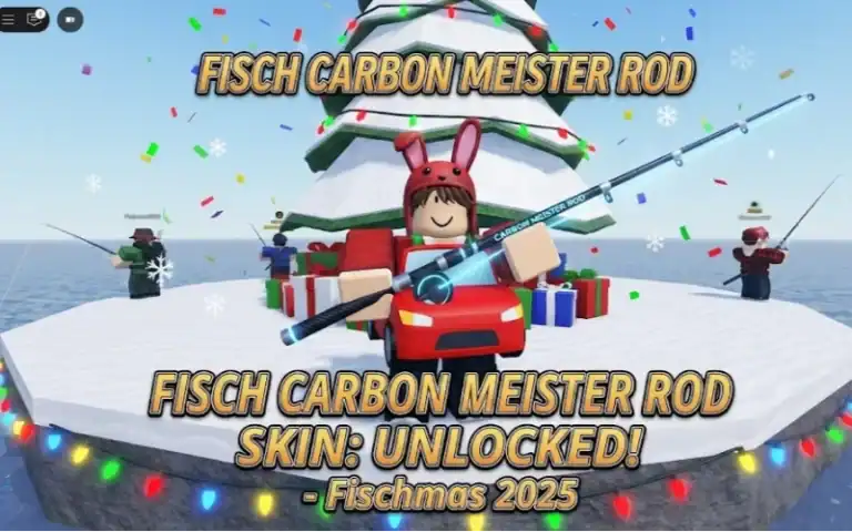 Colorful digital image of a Roblox-style character holding a virtual fishing rod on a festive holiday stage, highlighting the Fisherman Carbon Meister Rod with a new unlocked skin for Fischmas 2025.