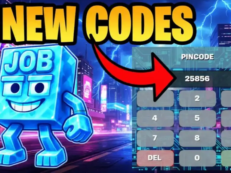 1. Animated blue robot character holding a smartphone showing Pincode 25856, vibrant cyber-themed city background, promoting XYUltra new codes.