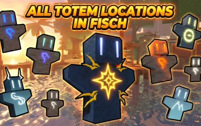 2D pixel art style game image showcasing various totem locations in Fisch, featuring glowing totem markers and a sunset background, highlighting the adventure and exploration theme.